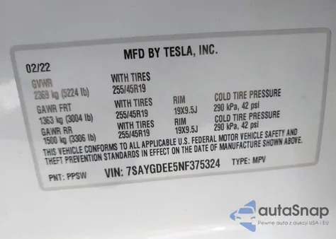 2022 Tesla Model Y Long Range Dual Motor All-Wheel Drive z USA, uszkodzony, nr VIN 7SAYGDEE5NF375324